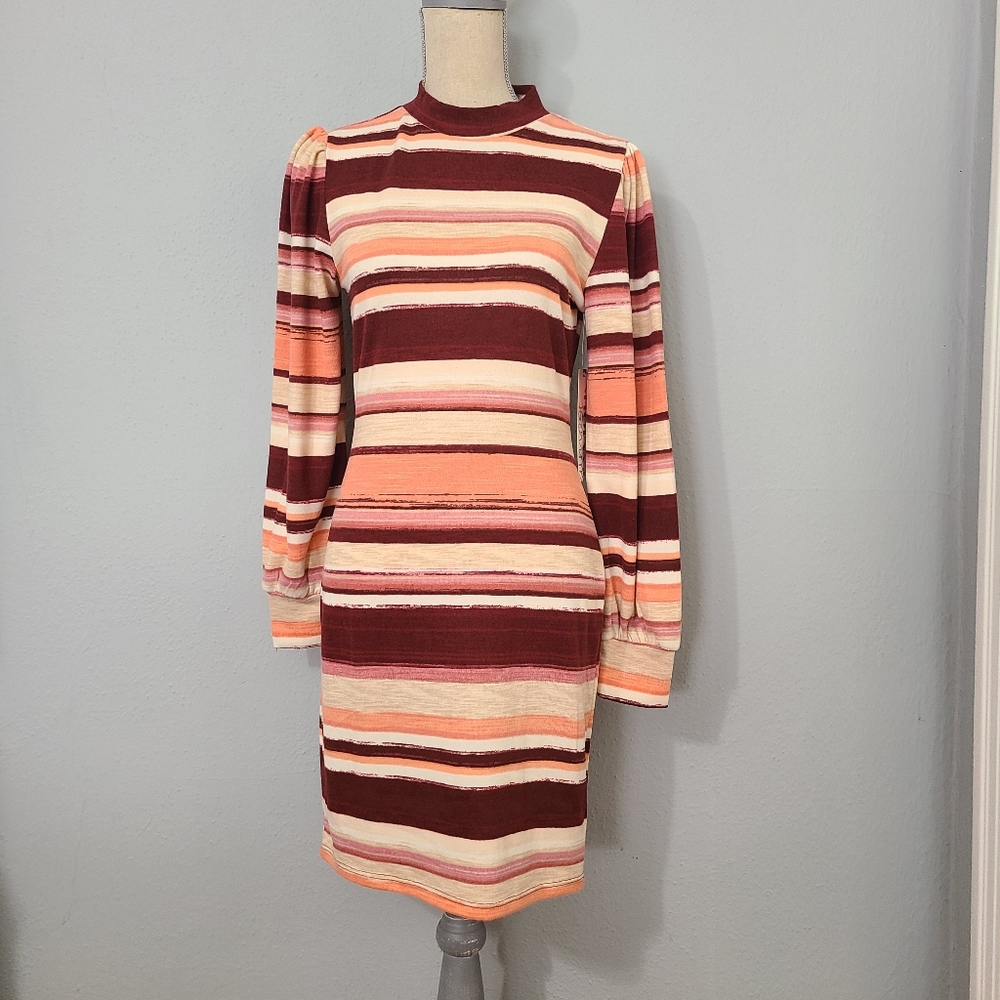 Almost‎ Famous Womens PinkMaroonTan Stripped Bishop Sleeve Sweater Dress XL
